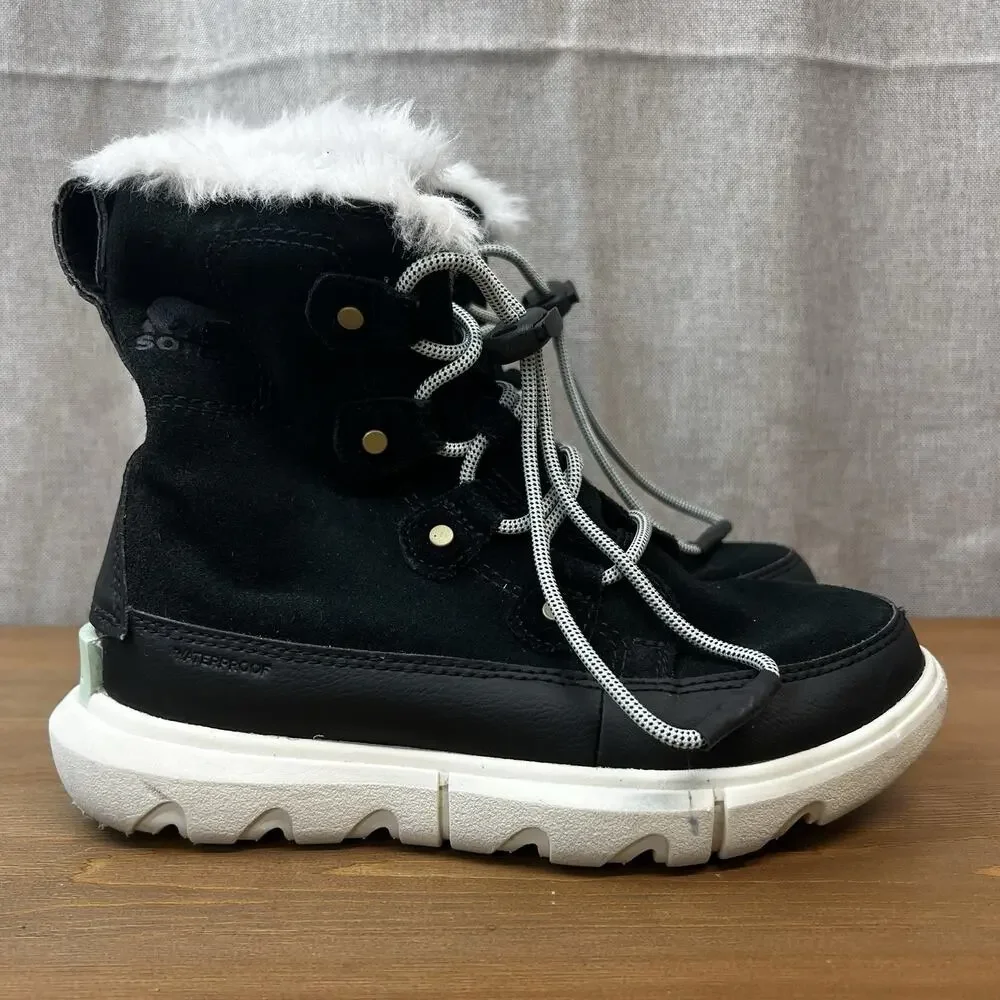 SOREL Explorer II Joan Boots Suede Faux Fur Sz 2 Waterproof Lace Up Shoes Black